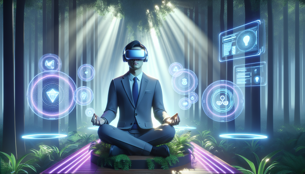 Illustration 3D hyper-réaliste d'une scène de méditation en réalité virtuelle, montrant une personne dans une forêt tranquille avec un casque VR, entourée d'interfaces holographiques pour la relaxation et le bien-être au travail.