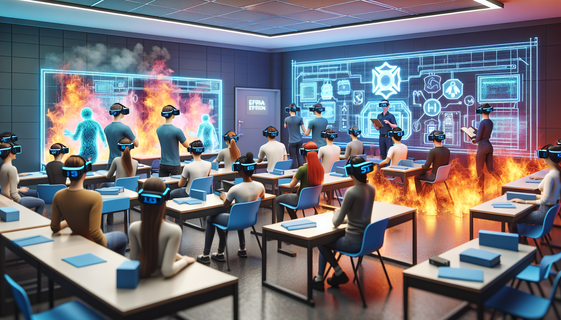 Illustration 3D hyper-réaliste d'une salle de classe moderne utilisant la réalité virtuelle pour la formation à la sécurité incendie, montrant des étudiants et enseignants en lunettes VR lors d'une simulation immersive avec effets de feu et de fumée.