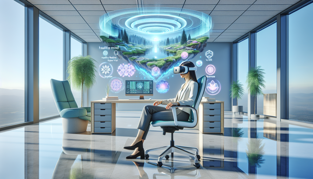 Un employé utilisant un casque VR dans un bureau moderne, illustrant un environnement virtuel serein dédié à la gestion du stress, avec des visualisations holographiques de méditations guidées et de scènes naturelles.