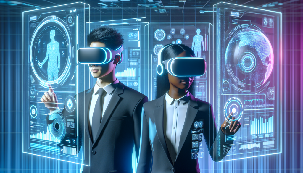 Illustration hyper-réaliste d'une évaluation en réalité virtuelle avec des professionnels utilisant des casques VR dans un environnement futuriste, affichant des données holographiques sur les compétences, des graphes et des simulations de tâches. Ambiance moderne avec un éclairage néon bleu et cyan, intégrant subtilement les logos de Vorecol et Psicosmart.